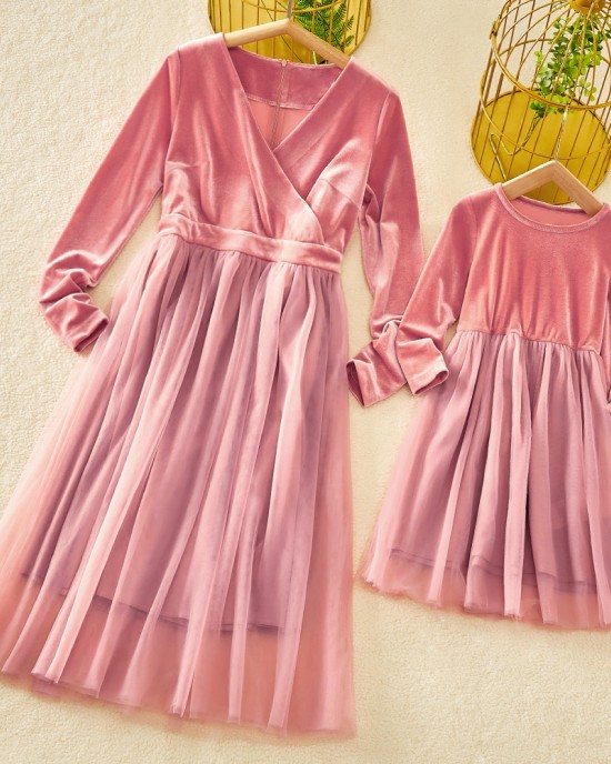 Classic Pink Velvet Mesh Long Sleeves Mom Girl Matching Dress - 13113