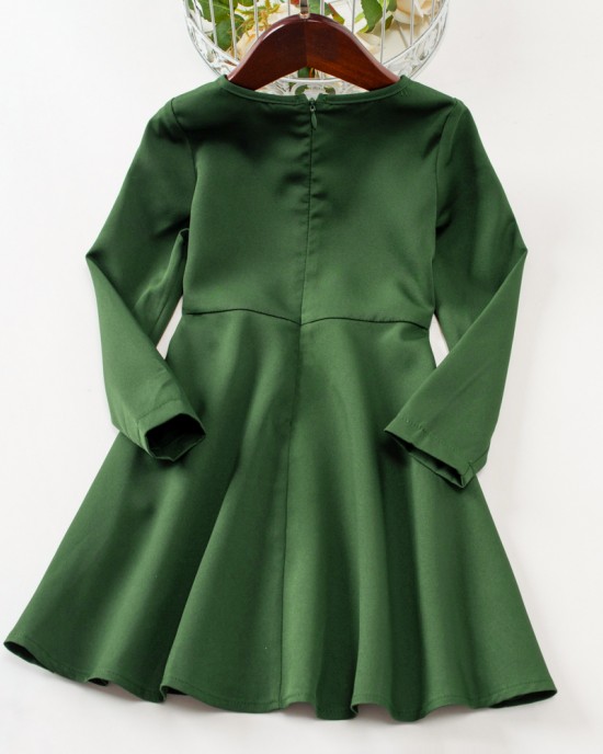 Elegant Golden Ribbon Green Long-sleeved Mom Girl Matching Dress - 13168