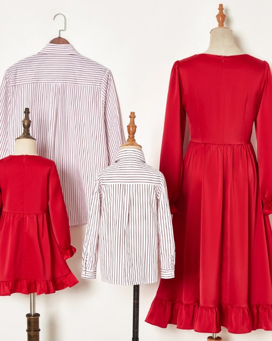 Casual Striped Shirt And Red Dress Family Matching Outfits - 2122