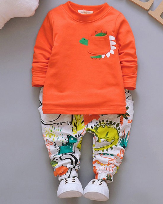 【12M-4Y】Boys Fashion Dinosaur Pattern Sweatshirt Jacket Pants Three-piece Set