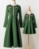 Elegant Golden Ribbon Green Long-sleeved Mom Girl Matching Dress - 13168