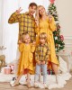 Long Sleeved Plaid Shirt And Yellow Ruffled High-low Dress Family Matching Outfits