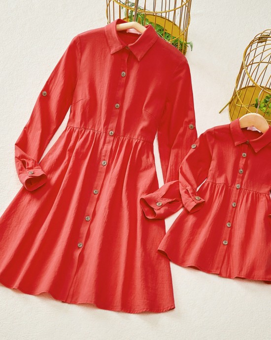 Sweet Red Cotton Blend Lapel Long Sleeves Mom Girl Matching Dress - 1390