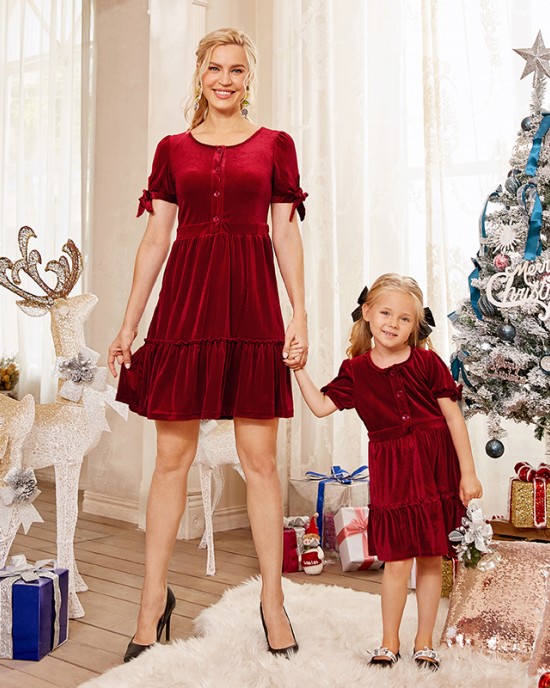 Fashion Round Neck Short Sleeve Red Velvet Mom Girl Matching Dress