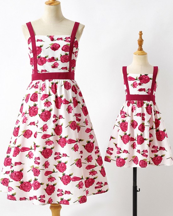 Sweet Rose Red Flower Mom Girl Matching Dress