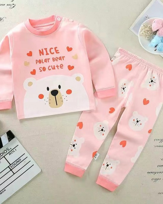 【9M-5Y】Girls Cartoon Print Cotton Long Sleeve Tee And Pants Pajamas Set