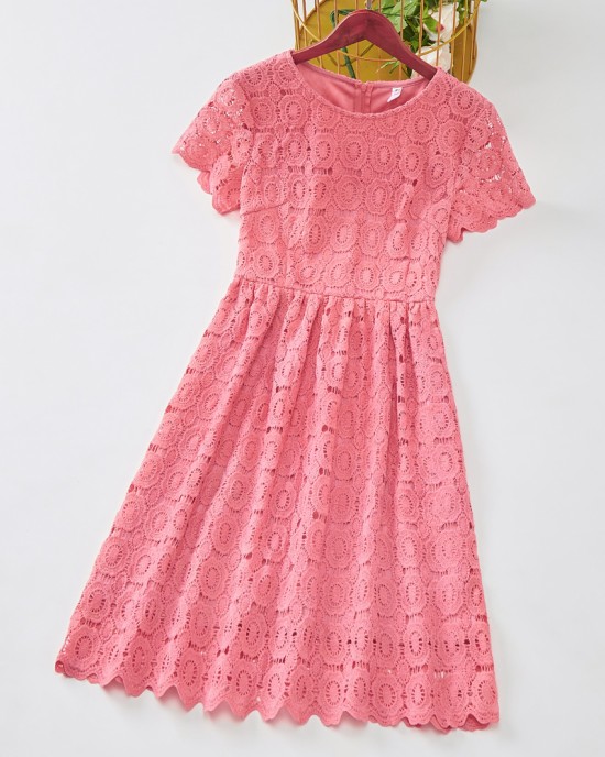 Sweet Pink Lace Short Sleeve Mom Girl Matching Dress - 13130