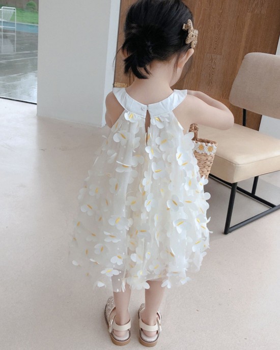 【2Y-9Y】Girls White Butterfly Embroidered Sleeveless Dress - 33179