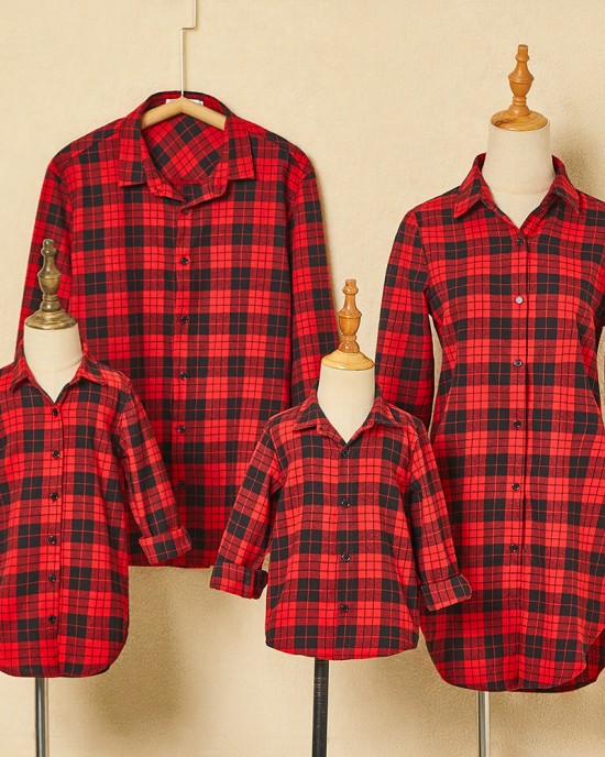 Classic Red Plaid Cotton Blends Long Sleeve Shirt Family Matching Outfits