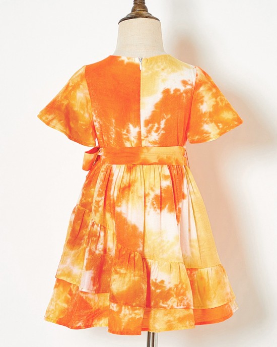 Sweet Orange Tie-Dye V-Neck Short Sleeve Mom Girl Matching Dress - 13109