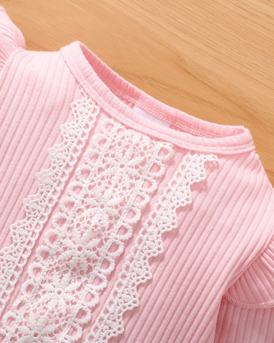 【0M-18M】Floral Lace Round Neck Long Sleeve Romper