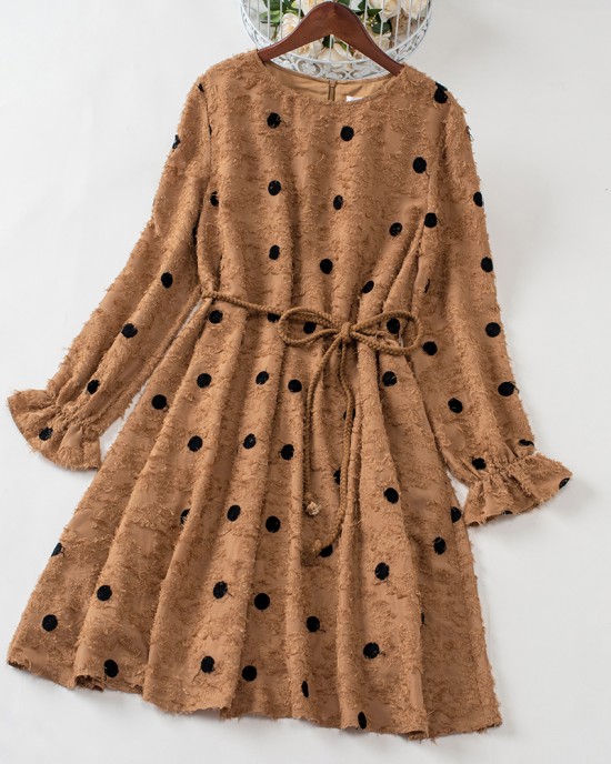 Sweet Khaki Polka Dot Long Sleeve Mom Girl Matching Dress - 13163