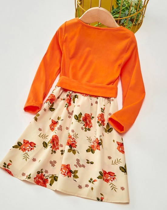 Sweet V-neck Long Sleeved Stitching Flower Orange Mom Girl Matching Dress