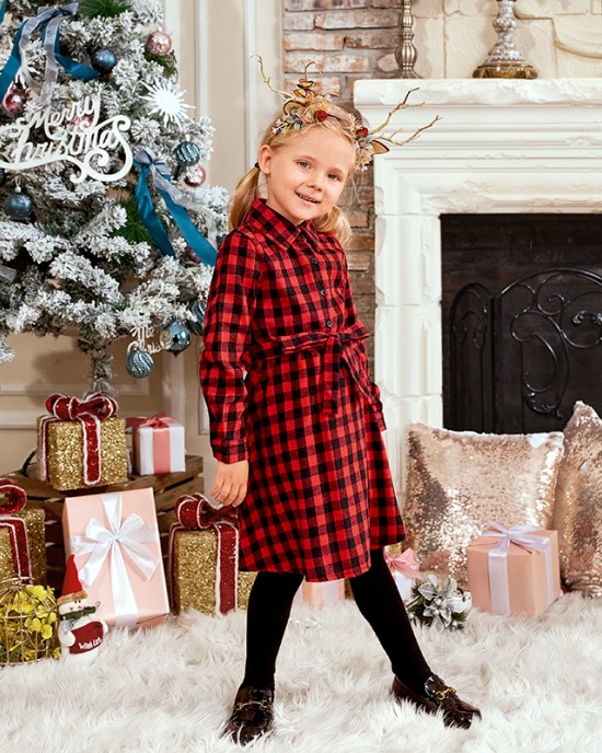 Classic Red Plaid Cotton Blends Long Sleeve Mom Girl Matching Dress - 1159