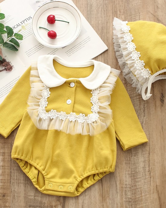 【0M-24M】2-piece Baby Cute Ruffled Long-sleeved Romper With Hat - 8011