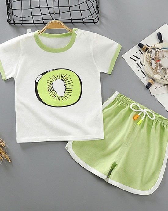 【6M-5Y】Boys Round Neck Short Sleeve Cartoon Print Suit