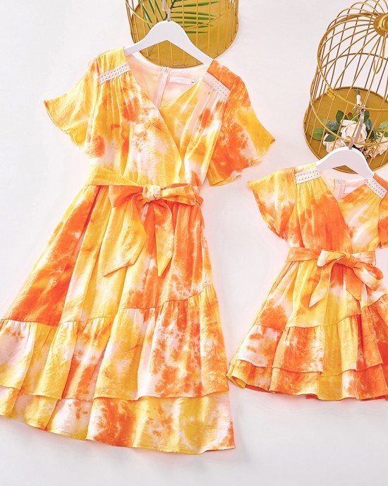 Sweet Orange Tie-Dye V-Neck Short Sleeve Mom Girl Matching Dress - 13109