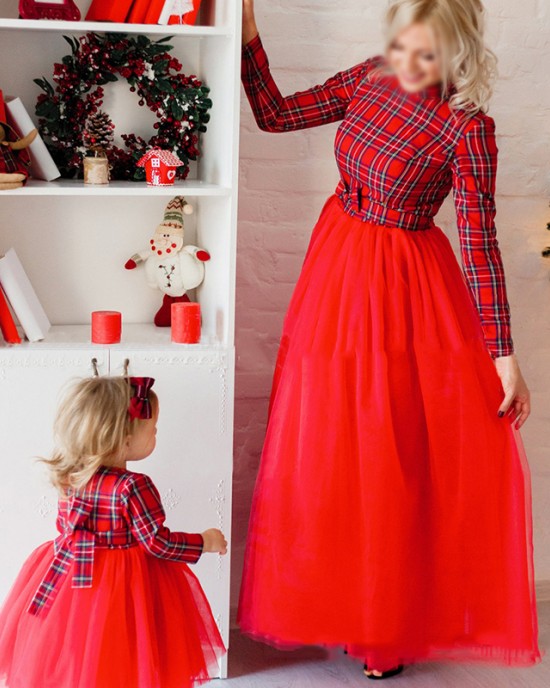 Christmas Red Plaid Mesh Stitching Mom Girl Matching Dress - 13202