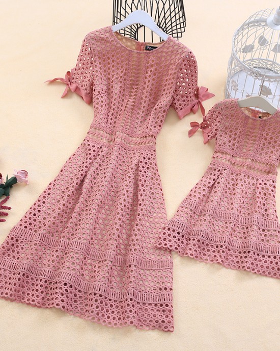 Pure Color Hollow Out Short Sleeve Mom Girl Matching Dress - 1357