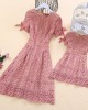 Pure Color Hollow Out Short Sleeve Mom Girl Matching Dress - 1357