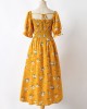 Sweet Flower Print Square Neck Puff Sleeve Yellow Mom Girl Matching Dress