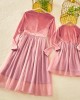 Classic Pink Velvet Mesh Long Sleeves Mom Girl Matching Dress - 13113