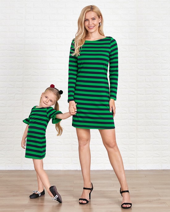 Casual Green Knitted Striped Round Neck Long Sleeves Mom Girl Matching Dress