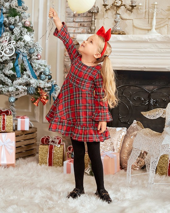 Red Plaid Flared Sleeve Mom Girl Matching Dress - 13121