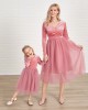 Classic Pink Velvet Mesh Long Sleeves Mom Girl Matching Dress - 13113