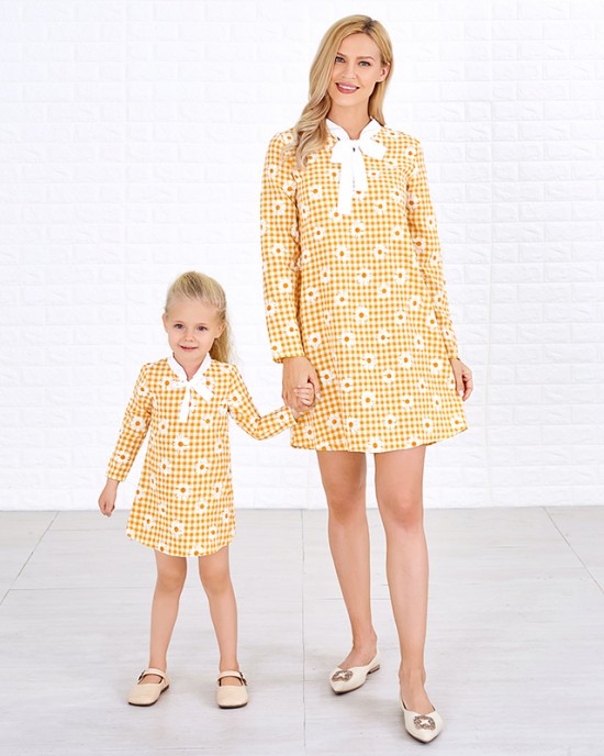 Sweet Long Sleeved Yellow Plaid and Flower Print Mom Girl Matching Dress