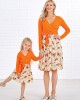 Sweet V-neck Long Sleeved Stitching Flower Orange Mom Girl Matching Dress