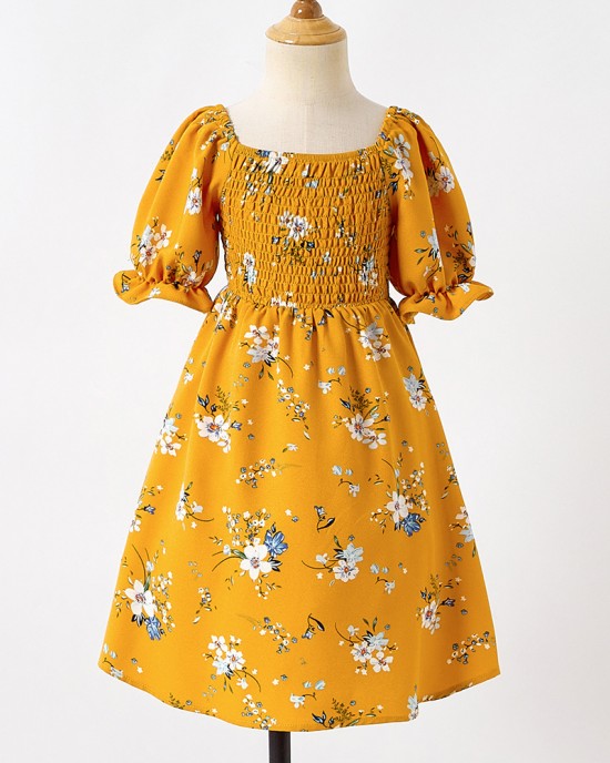 Sweet Flower Print Square Neck Puff Sleeve Yellow Mom Girl Matching Dress