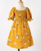 Sweet Flower Print Square Neck Puff Sleeve Yellow Mom Girl Matching Dress