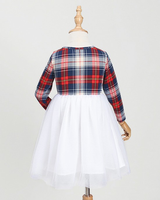 Round Neck Long Sleeve Plaid Tulle Stitching Mom Girl Matching Dress -13121