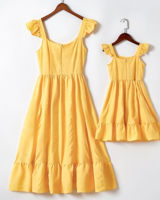 Sweet Yellow Ruffled Mom Girl Matching Dress - 1319