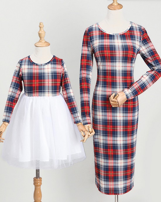 Round Neck Long Sleeve Plaid Tulle Stitching Mom Girl Matching Dress -13121