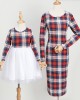 Round Neck Long Sleeve Plaid Tulle Stitching Mom Girl Matching Dress -13121