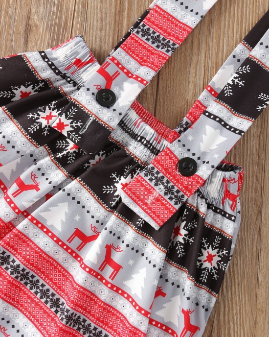 【12M-5Y】Girls Christmas Print Red Top And Suspender Skirt Set