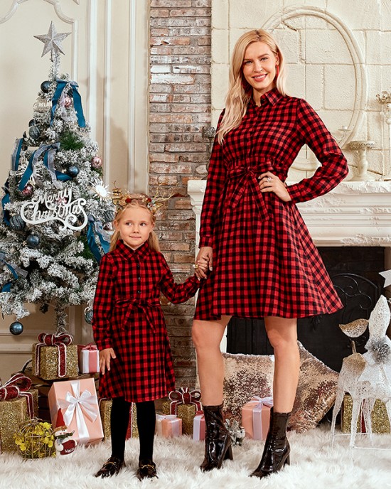 Classic Red Plaid Cotton Blends Long Sleeve Mom Girl Matching Dress - 1159