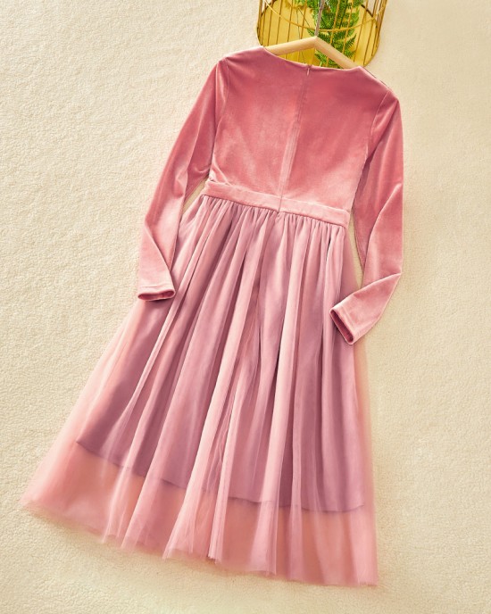 Classic Pink Velvet Mesh Long Sleeves Mom Girl Matching Dress - 13113