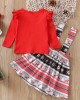 【12M-5Y】Girls Christmas Print Red Top And Suspender Skirt Set