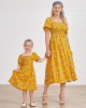 Sweet Flower Print Square Neck Puff Sleeve Yellow Mom Girl Matching Dress