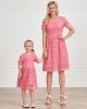 Sweet Pink Lace Short Sleeve Mom Girl Matching Dress - 13130