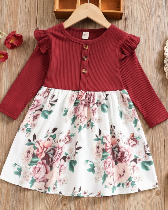 【0M-7Y】Girls Sweet Floral Print Red Dress And Romper ( Sold Separately ) - 33266