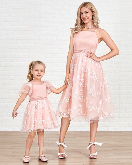 Sweet Embroidered Pink Mesh Mom Girl Matching Dress - 1333