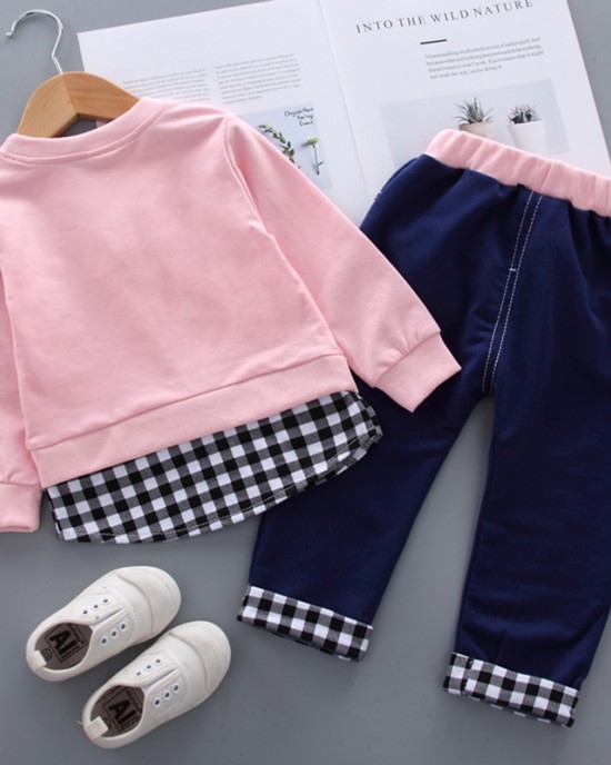 【12M-5Y】Kids Clothes Fashion Plaid spliced Sweatshirt Pants Set (SHOES NOT INCLUDE)- 3483