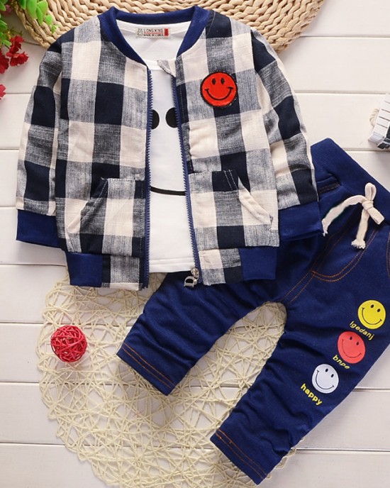 【12M-4Y】Boys Casual Plaid Jacket Printed T-shirt Pants Three-piece Set