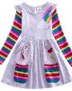 【3Y-8Y】Girl Sweet Rainbow Unicorn Pattern Long Sleeve Dress