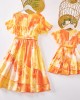 Sweet Orange Tie-Dye V-Neck Short Sleeve Mom Girl Matching Dress - 13109