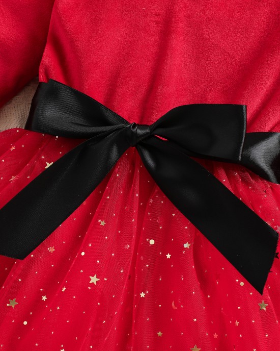 【18M-7Y】Girl Sweet Christmas Star Mesh Red Dress With Headband - 33228